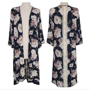 Umgee Kimono Large Flowers Lace Strip On Back Navy Multi Size S
